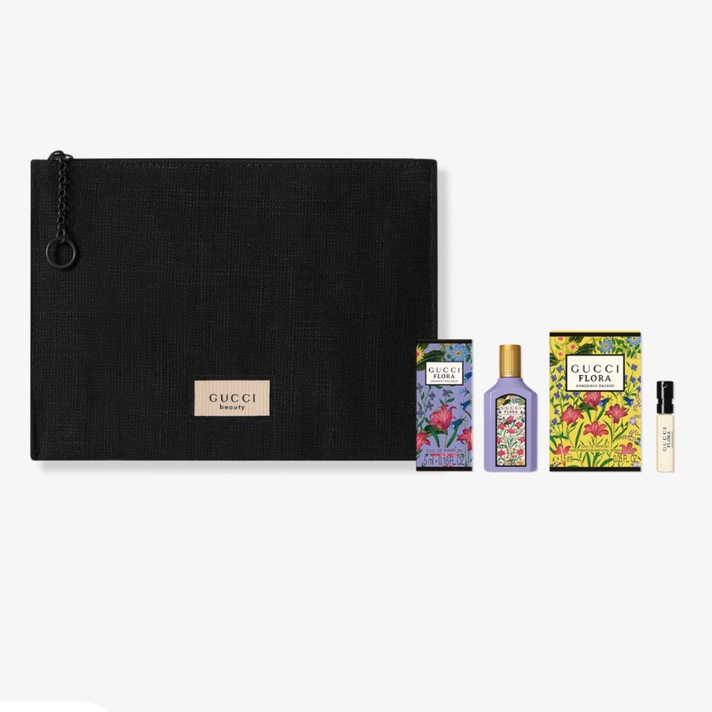 Gucci Flora Set with Black Pouch and Colorful Bottles